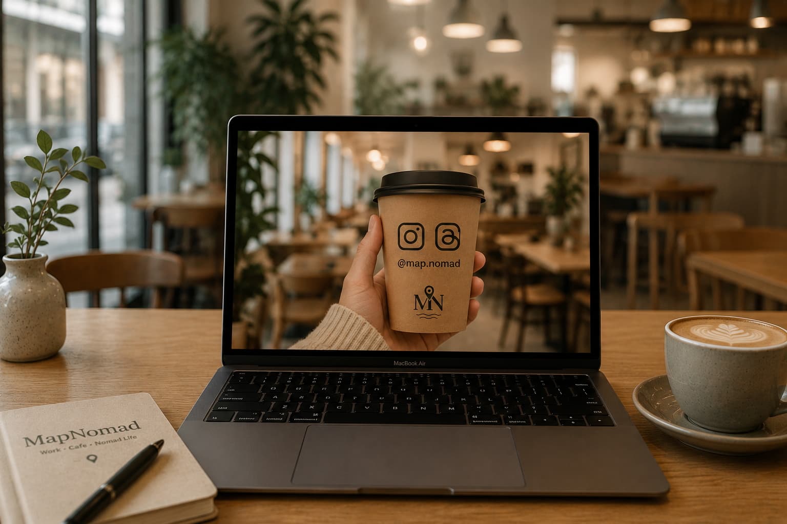 Cafe 桌上的手提電腦、咖啡和 MapNomad 筆記簿
